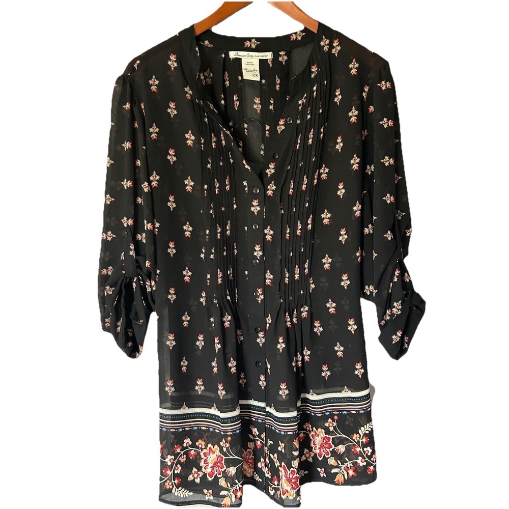 American Rag Women's Blouse Sheer Black Floral Size 2X 3/4 Sleeves Fairygoth